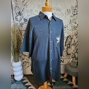 Bamboo Cay Embroidered Short Sleeve Faded Black Button Shirt Bird of Paradise